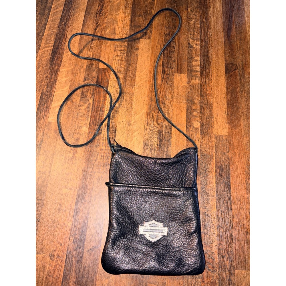 Harley Davidson Black Pebbled Leather Rhinestone Logo Crossbody Pouch Bag - Picture 1 of 6